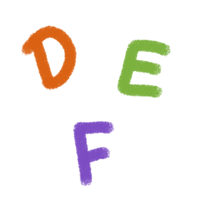 three white rounded squares with D in orange, E in green, & F in purple written on them